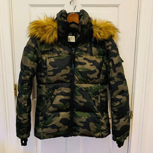 S13 Sam Down Puffer Jacket Womens M Green Camo Full Zip Removable Hooded